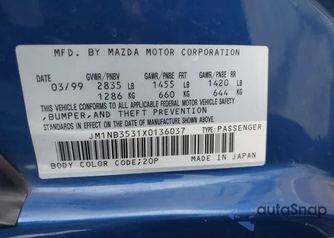 1999 Mazda Mx-5 Miata Leather Pkg/Popular Equipment Pkg/Sports Pkg/Touring Pkg z USA, uszkodzony, nr VIN JM1NB3531X0136037